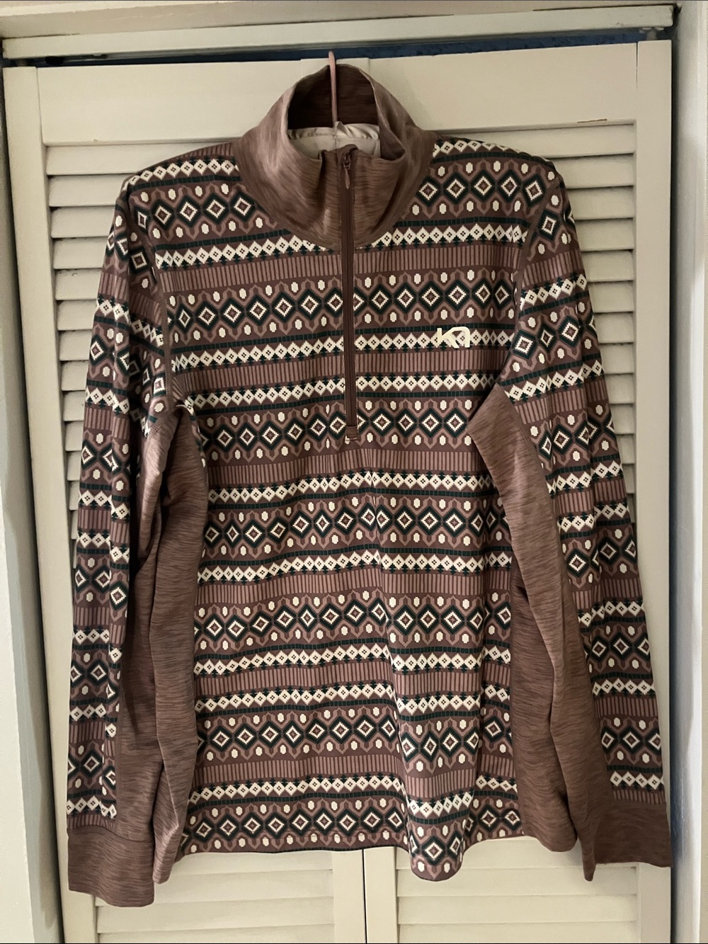 Kari Traa Print Mauve Green Quarter Zip Long Sleeve Pullover XL